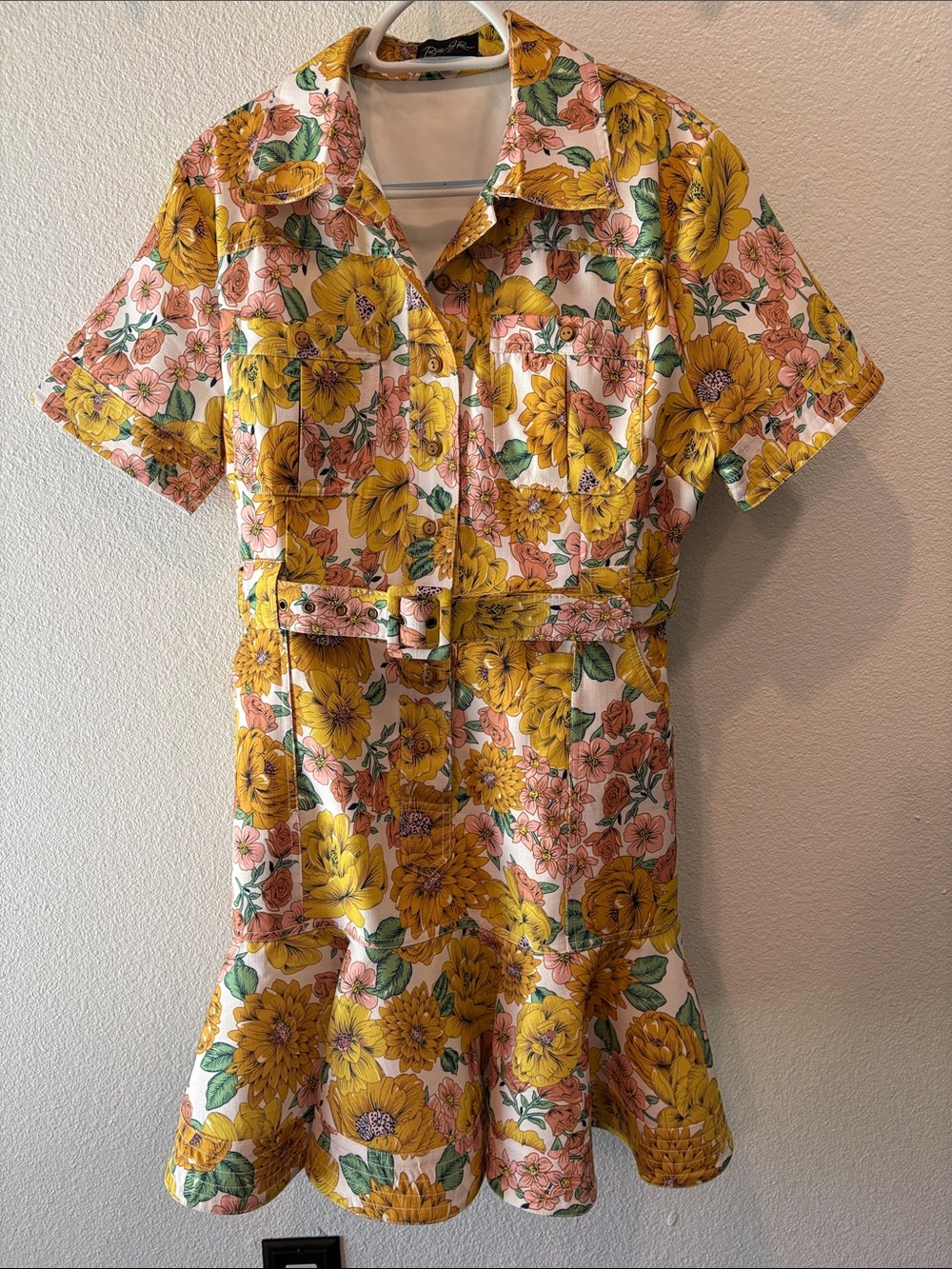 Yellow Floral Belted Shirt Dress
